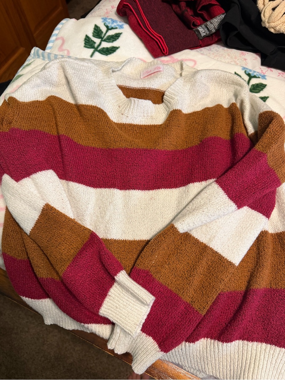 Pink Lily Striped Crewneck Sweater in Cream, Rust & Pink